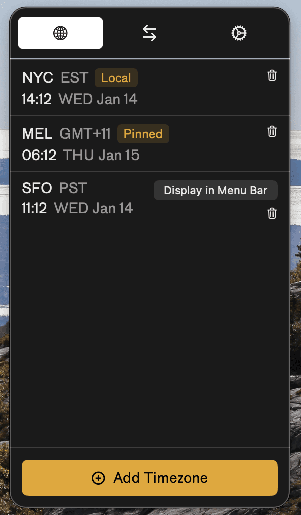Timesync TimezonesView showing timezone list